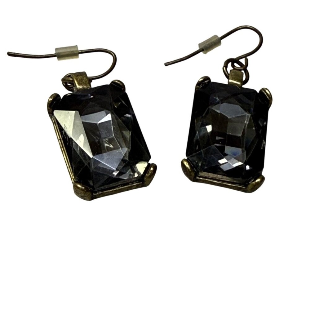 Vintage-Style Black Crystal Rectangular Dangle Earrings With Bronze-Tone Hooks
